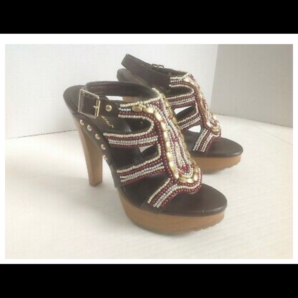 BCBG Barcelona Cocoa Vachetta Boho Open Toe HIGH Heel Beaded Heels Sandals 9